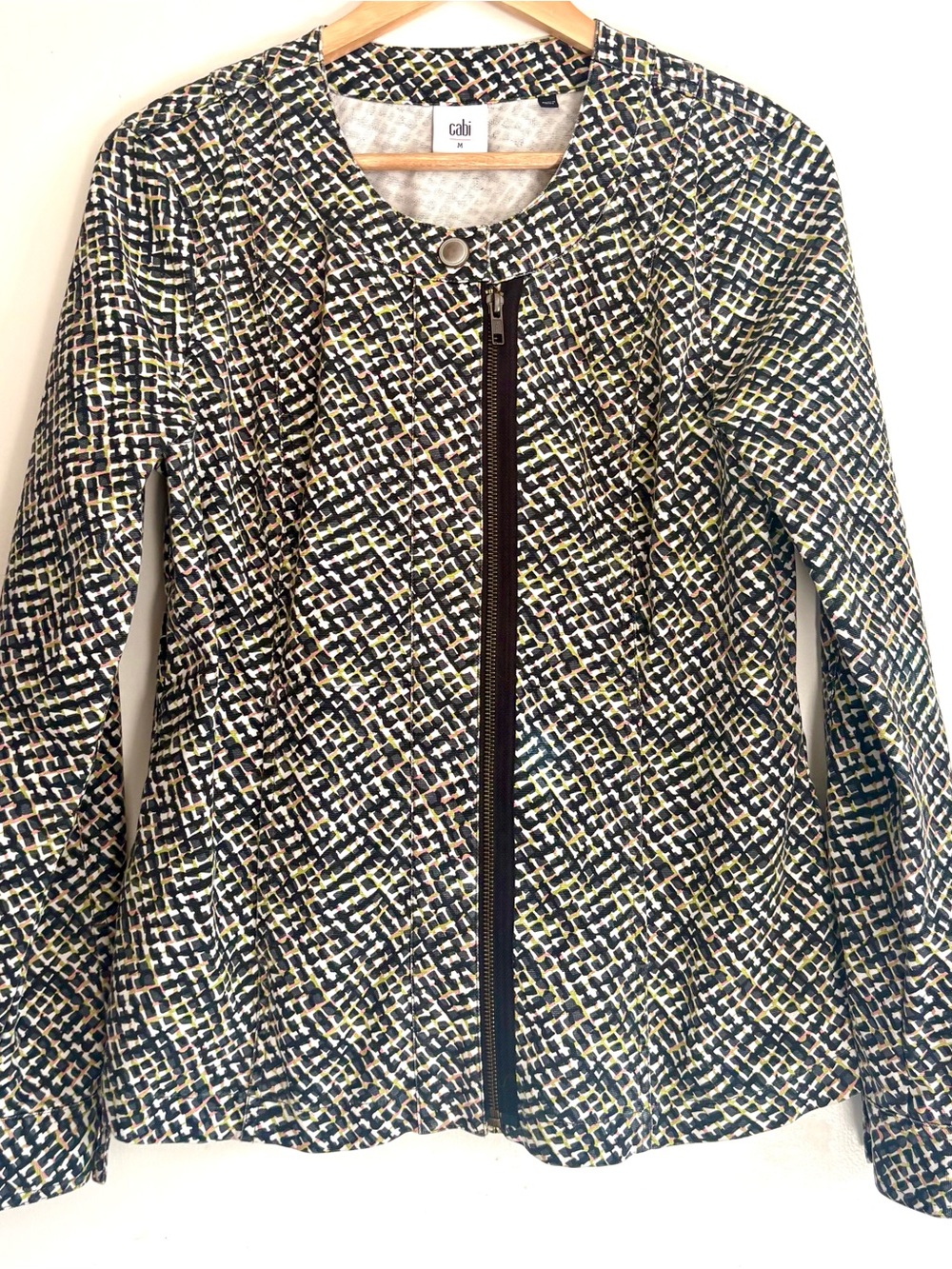 Cabi Cliffside Women's Patterned Moto Zip-Front Jacket in Black and Cream SZ M